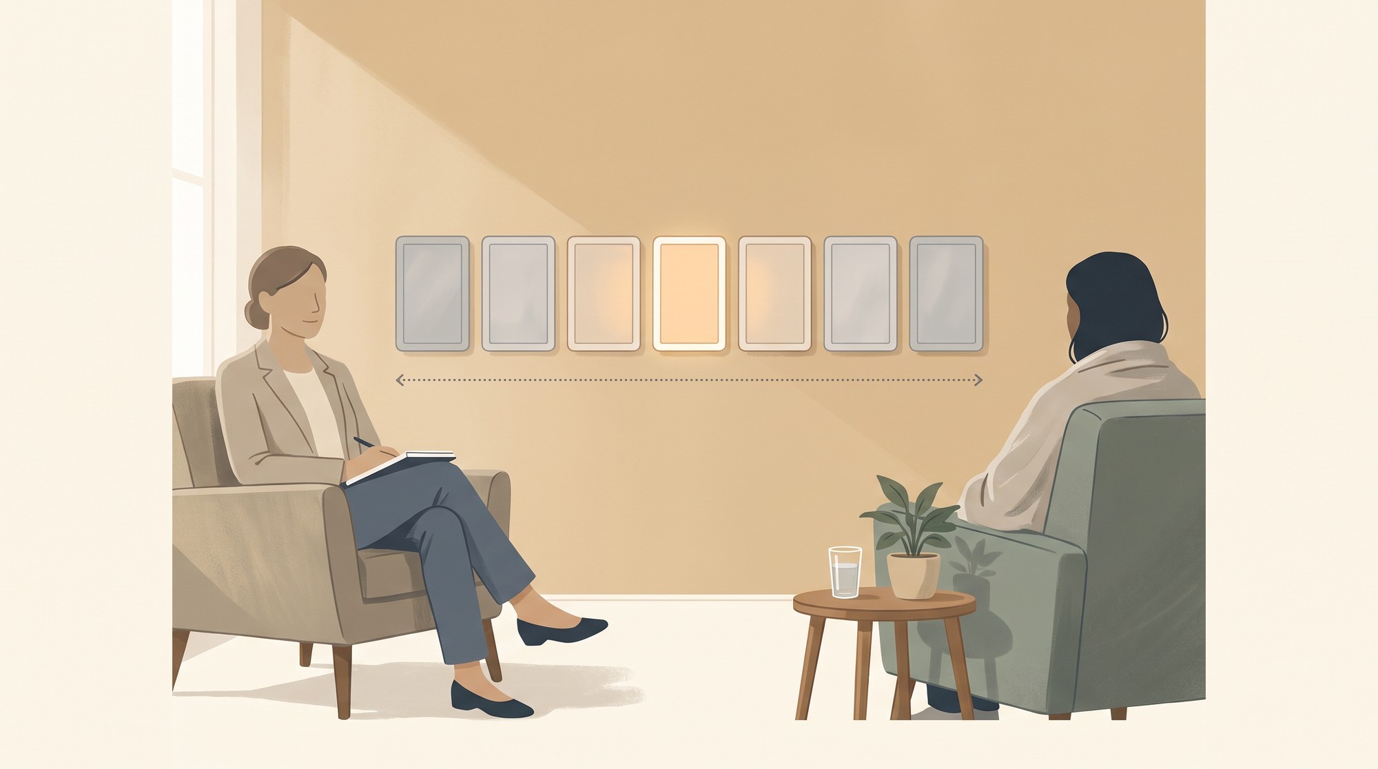 A therapist and client seated in a consultation room with a horizontal row of alternating lit panels on the wall