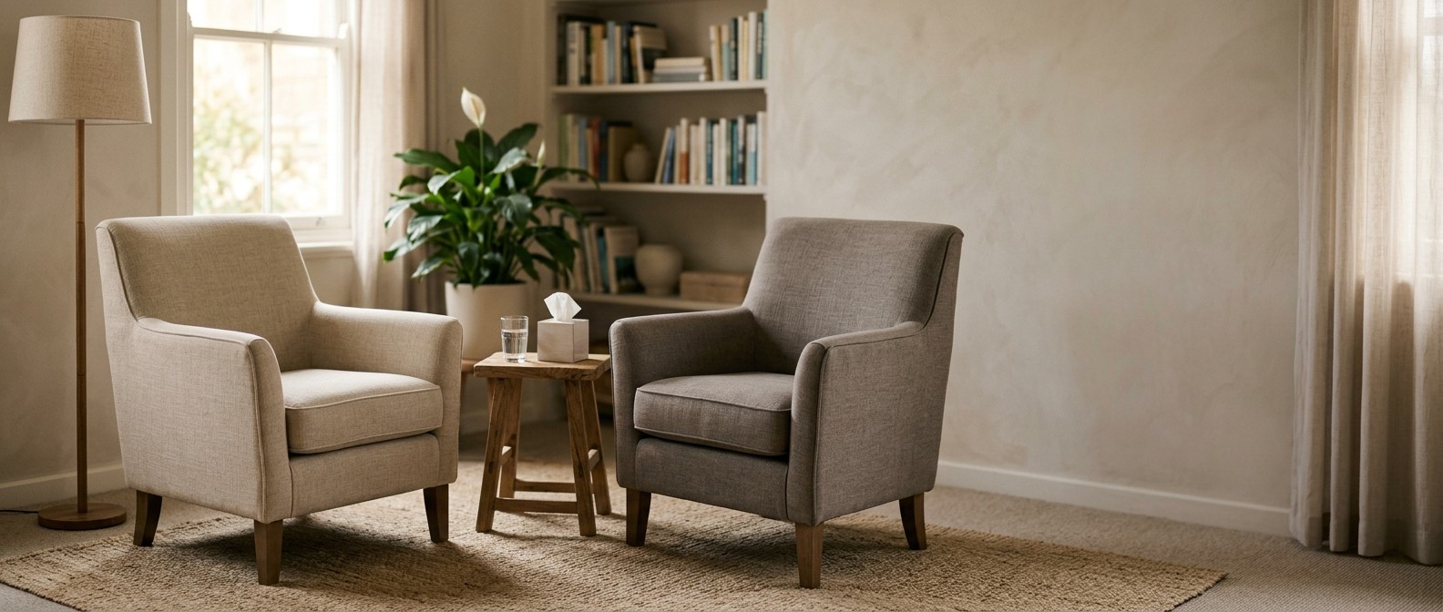 How EMDR Therapy Works and What the Research Says A calm, unoccupied therapy room with two armchairs facing each other in soft daylight