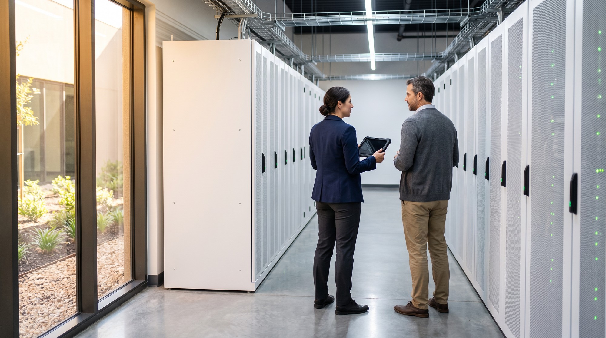 Two IT professionals talking in a bright, energy-efficient data center corridor lined with white server cabinets and overhead cable trays.