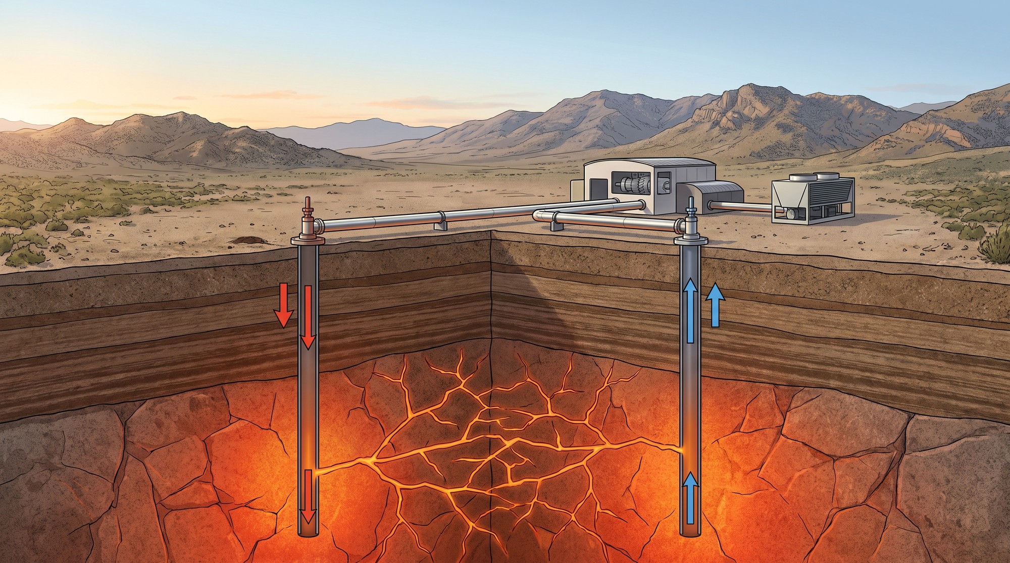 Enhanced Geothermal Systems Hit the Grid: Inside the 2026 Breakthrough Conceptual illustration of an enhanced geothermal system power plant with deep wellbores and a glowing fracture network in hot rock