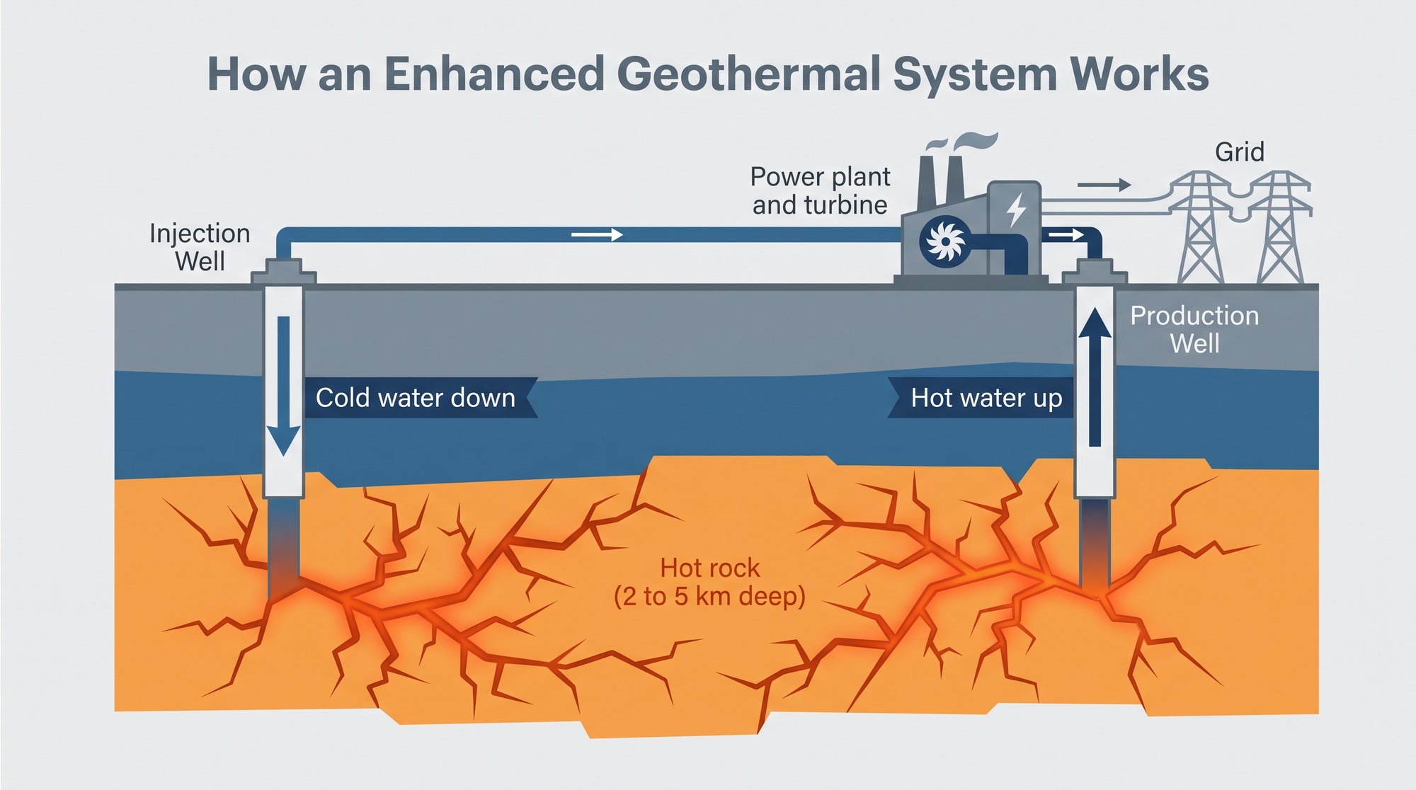 Diagram showing how an enhanced geothermal system works, with an injection well, a production well and a fracture network in hot rock