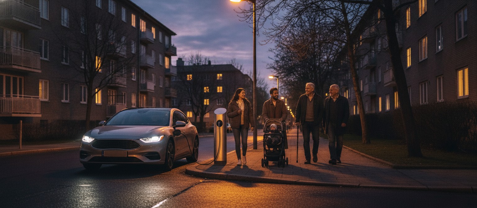 EV Charging Equity: Why Access, Not Range, Is the Real EV Barrier An electric car charging at a curbside charging post on a residential city street at dusk as neighbors walk past