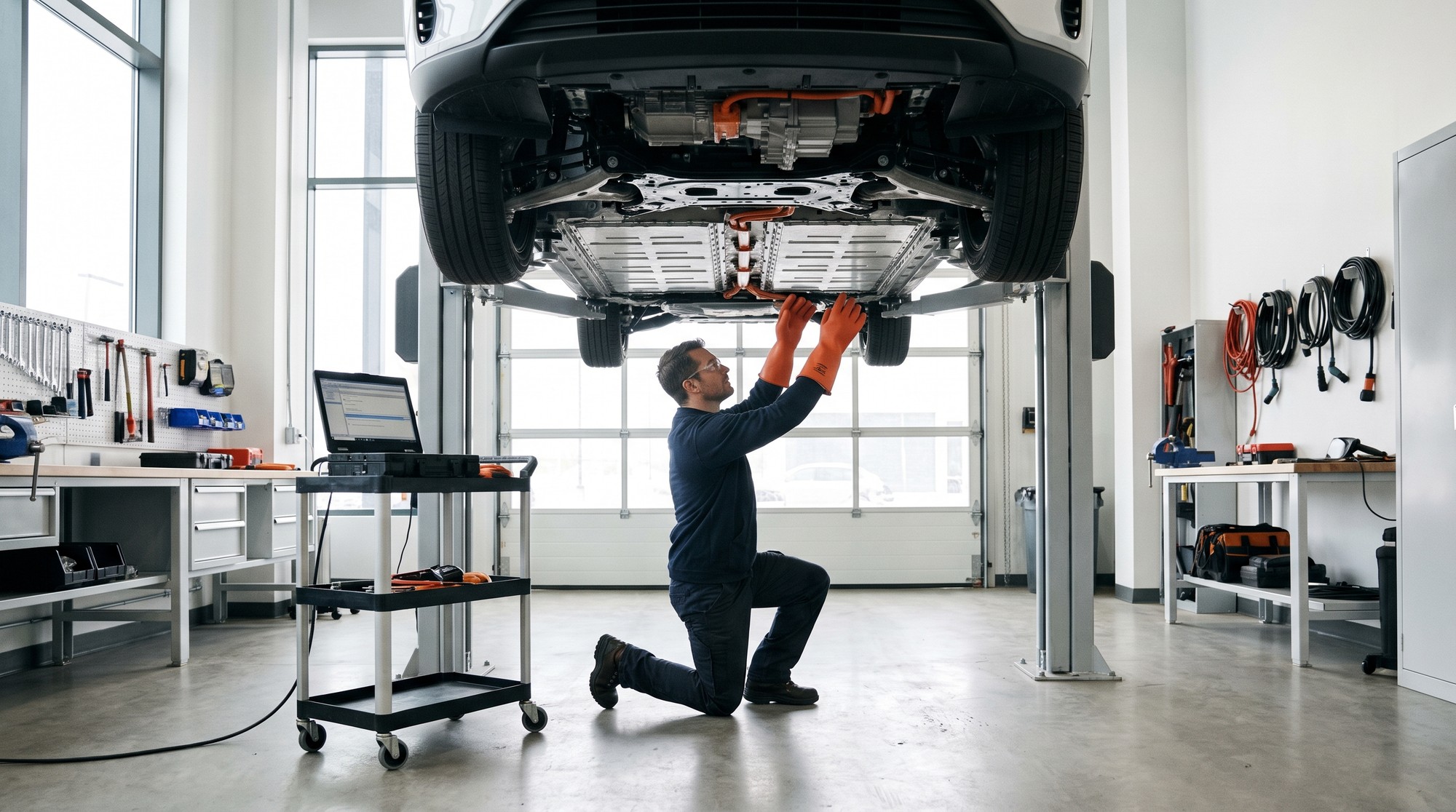 Electric vehicle technician in insulated gloves inspecting an EV battery pack in a workshop