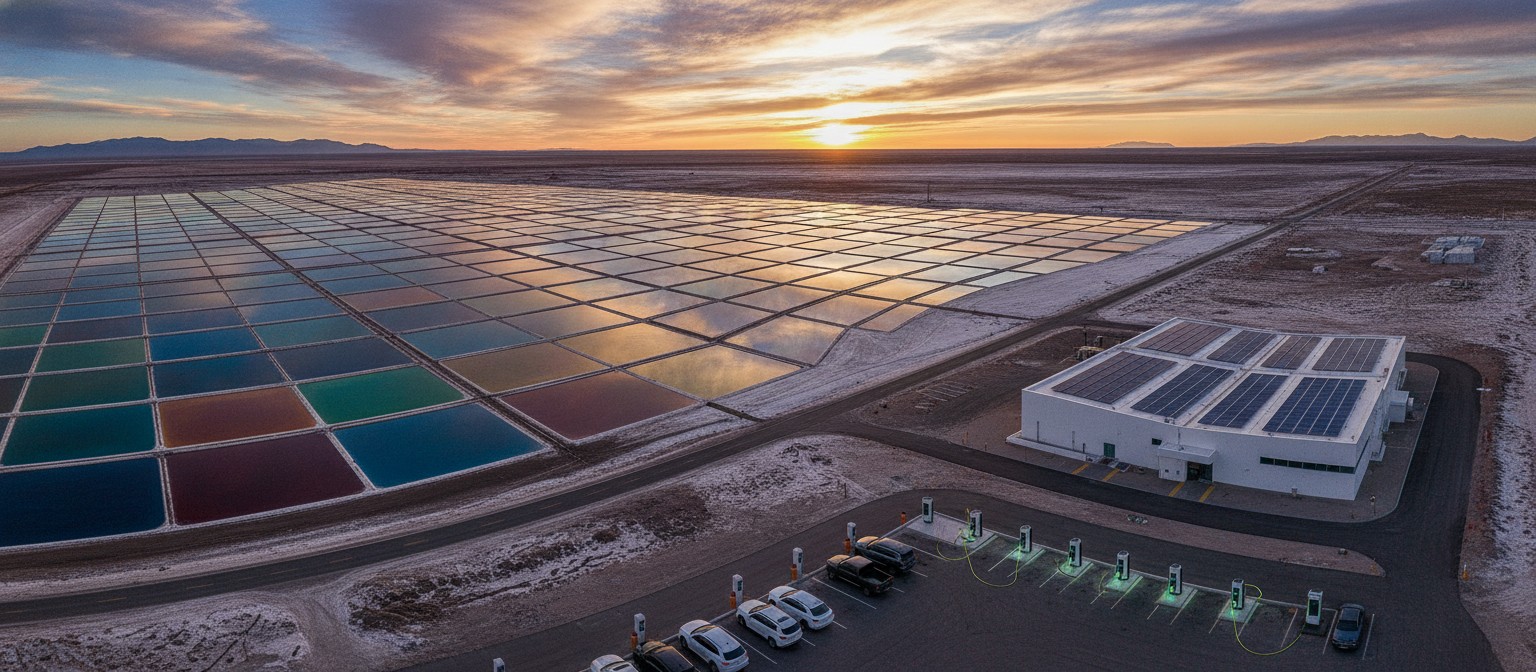 Aerial view of desert lithium evaporation ponds beside a compact clean membrane filtration facility at sunset