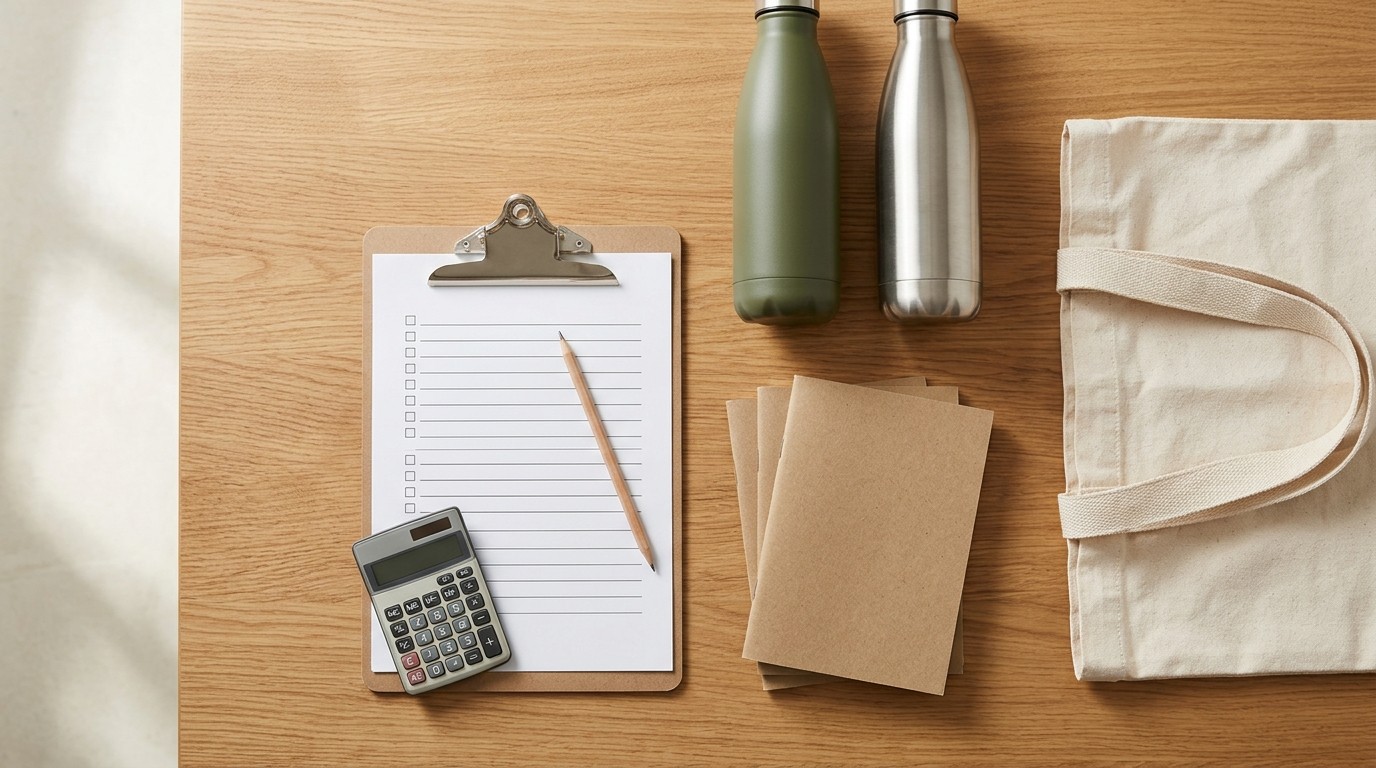 A budget planning flat lay with a clipboard, calculator, notebooks, reusable bottles and a canvas tote bag on a desk