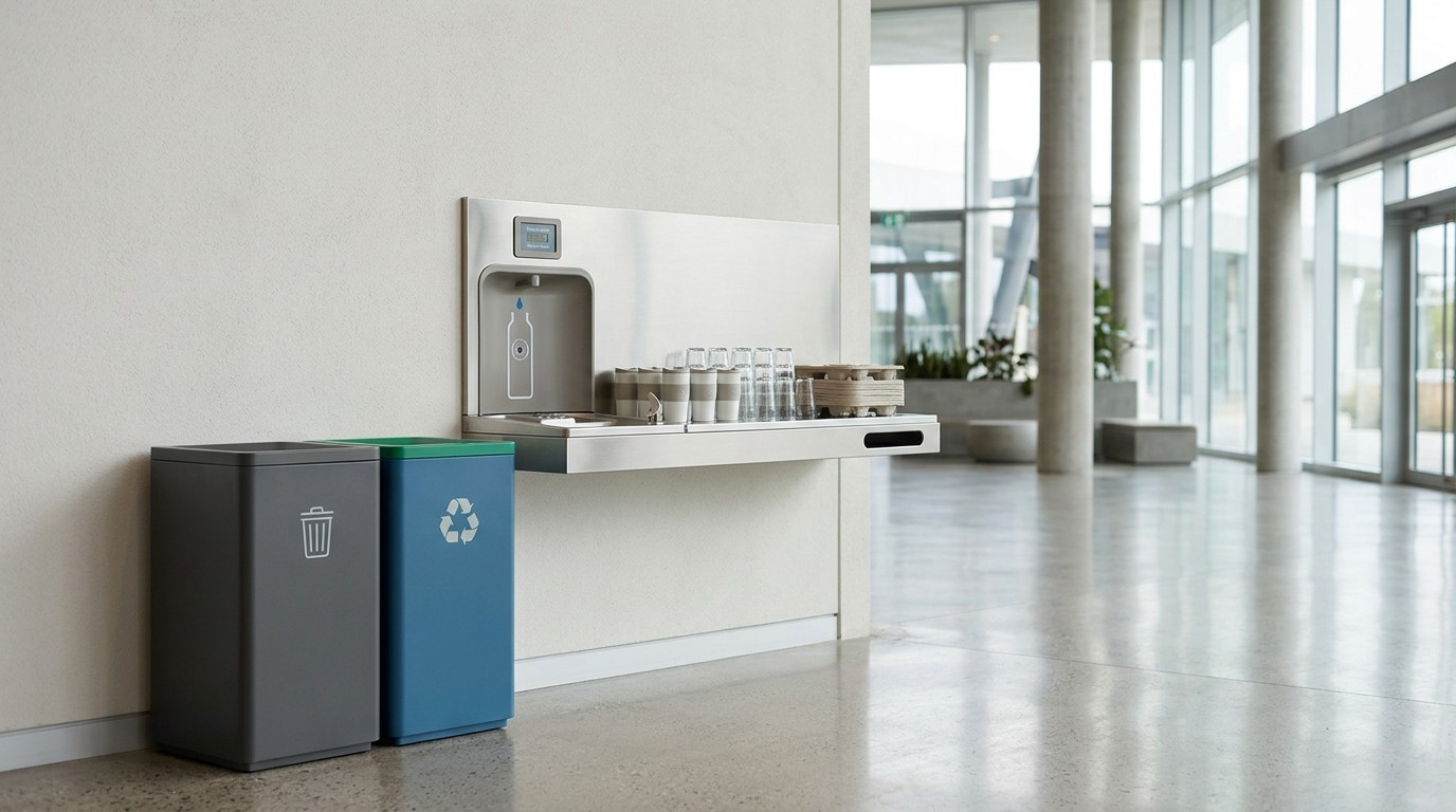 Labelled waste and recycling bins beside a reusable cup refill station at a conference venue
