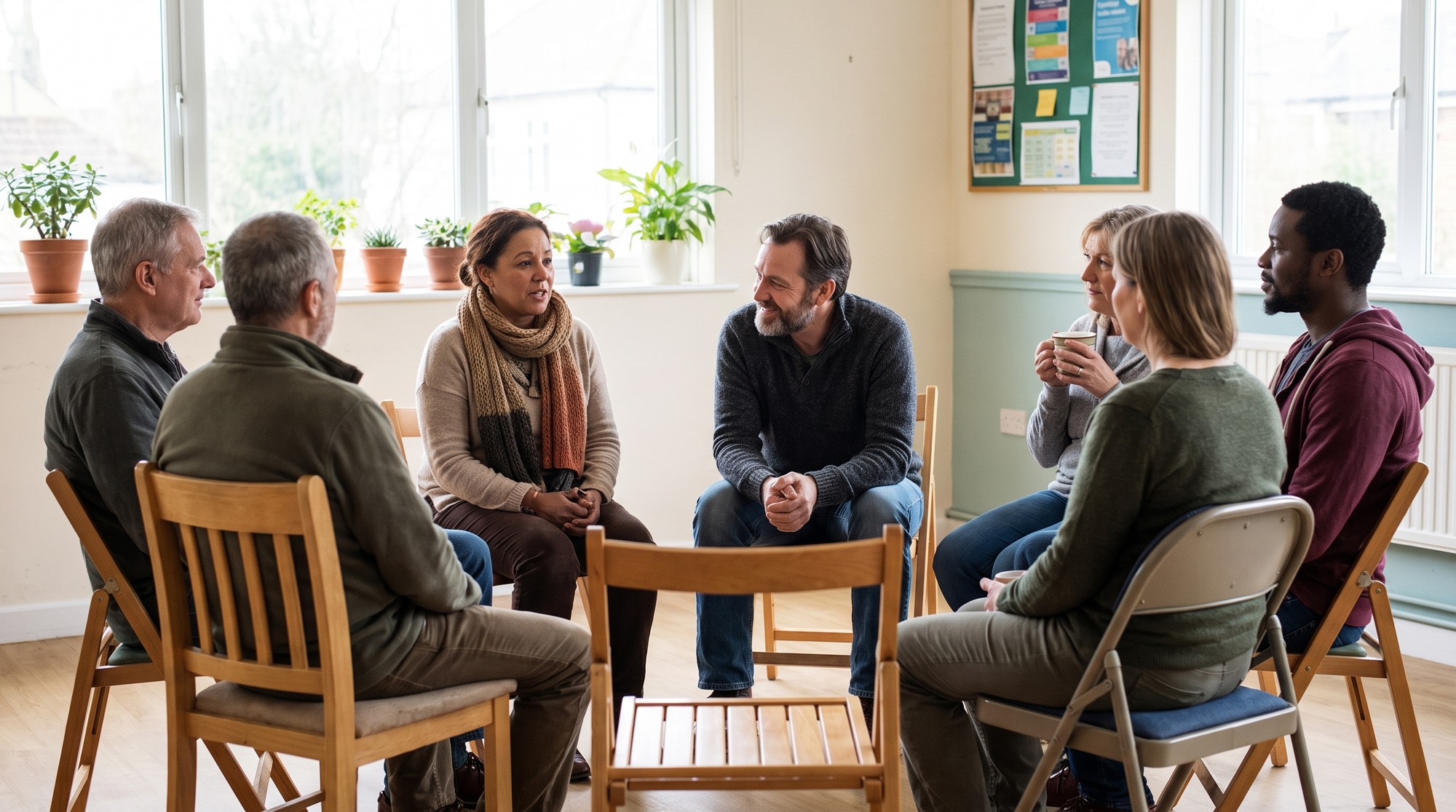 A family support group sitting in a circle in a bright community room