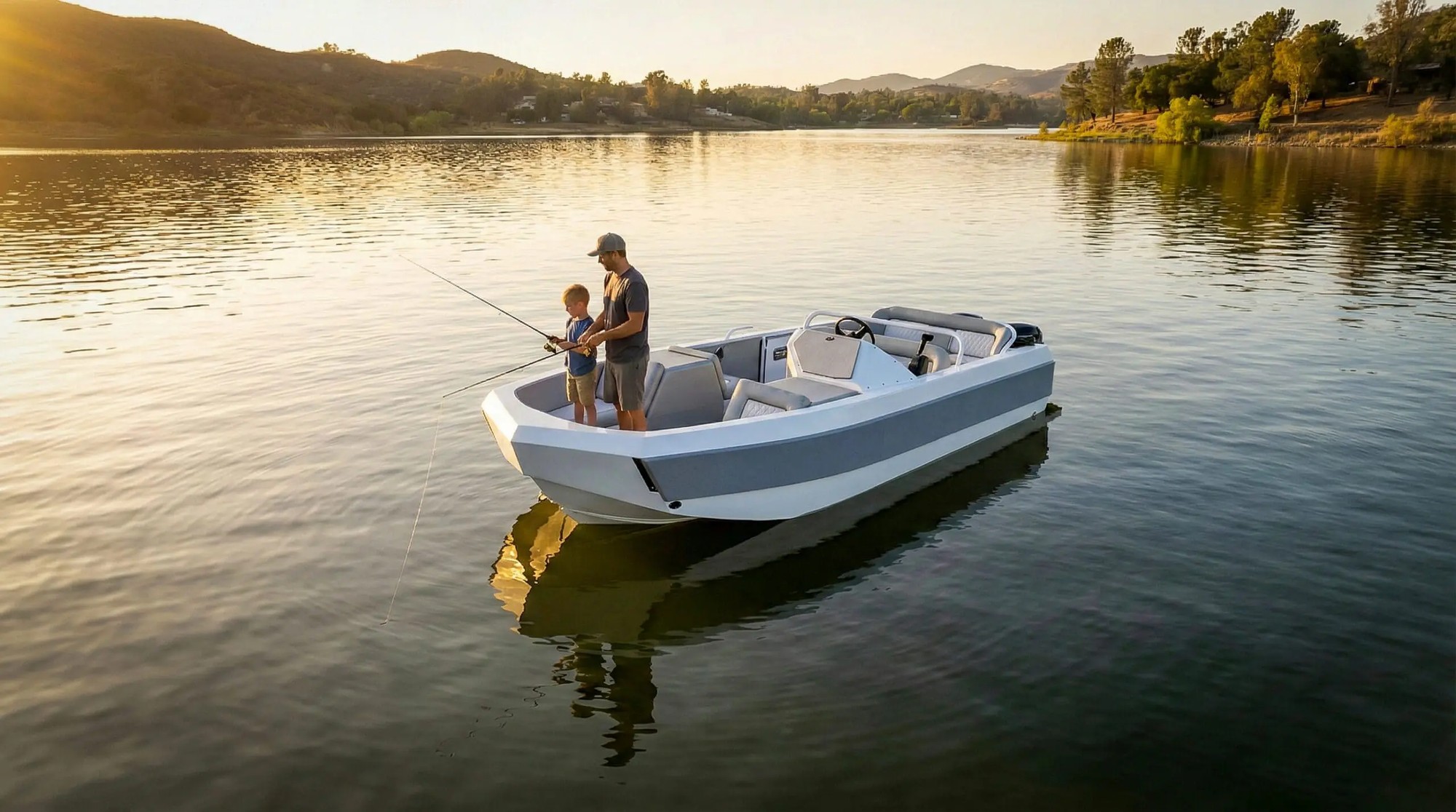 A father and son fishing from a WaterCar amphibious vehicle on a calm lake at sunset, using its boat mode.