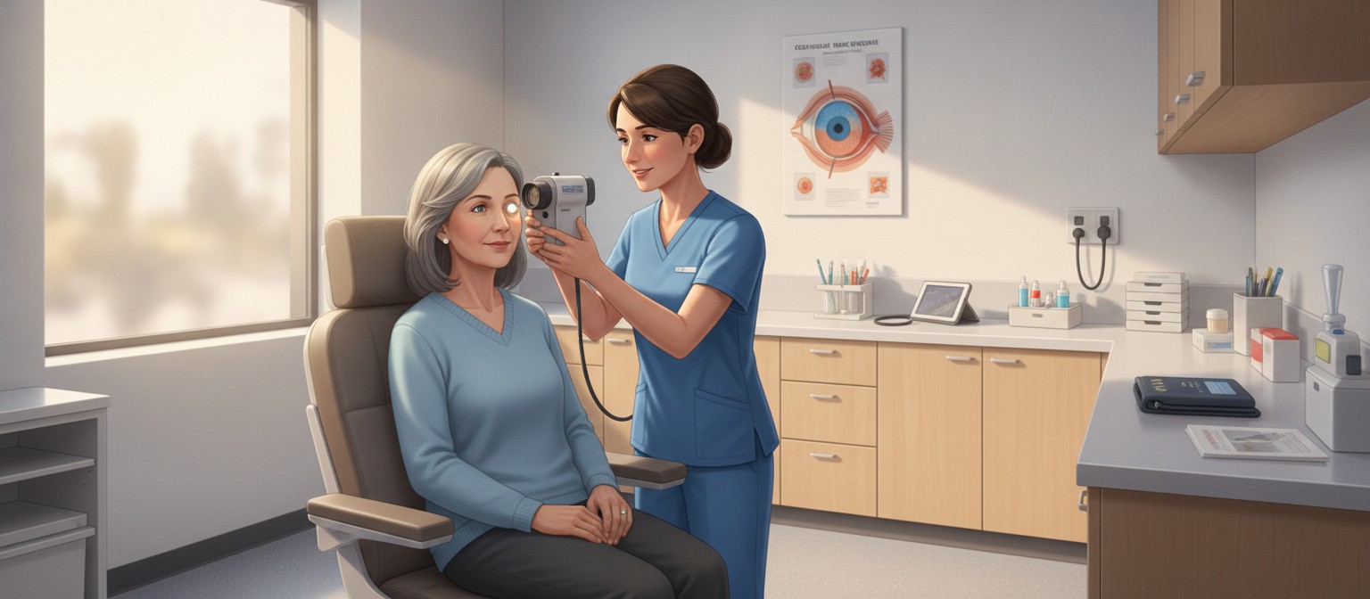 Primary care staff member photographing a patient's retina for autonomous diabetic eye screening