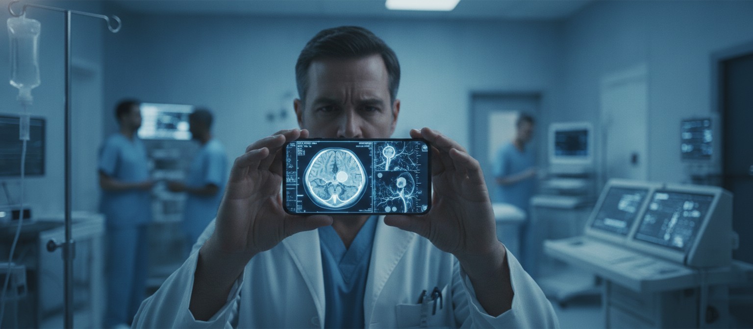 Stroke team receiving an AI alert with brain CT angiography images on a phone in a hospital