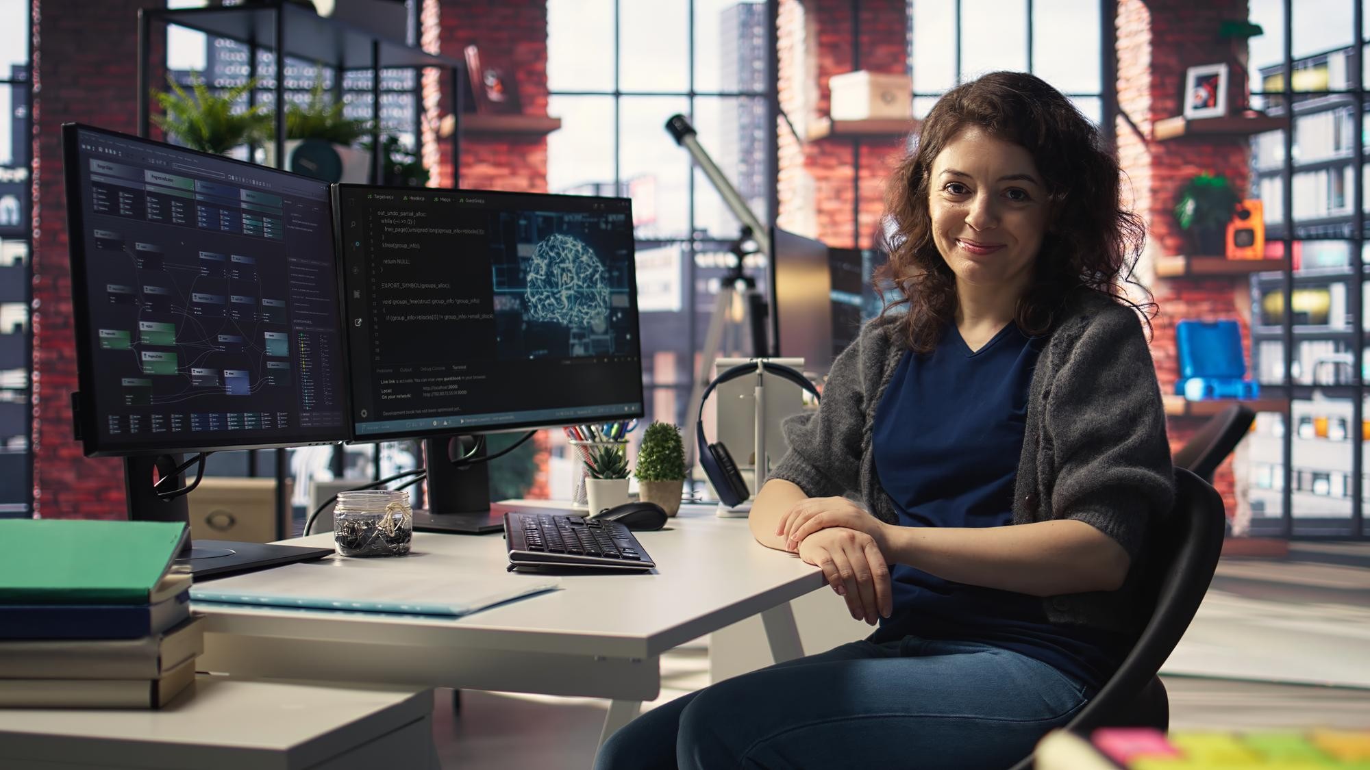 A woman smiling at her desk in front of dual monitors showing code and a digital brain graphic.
