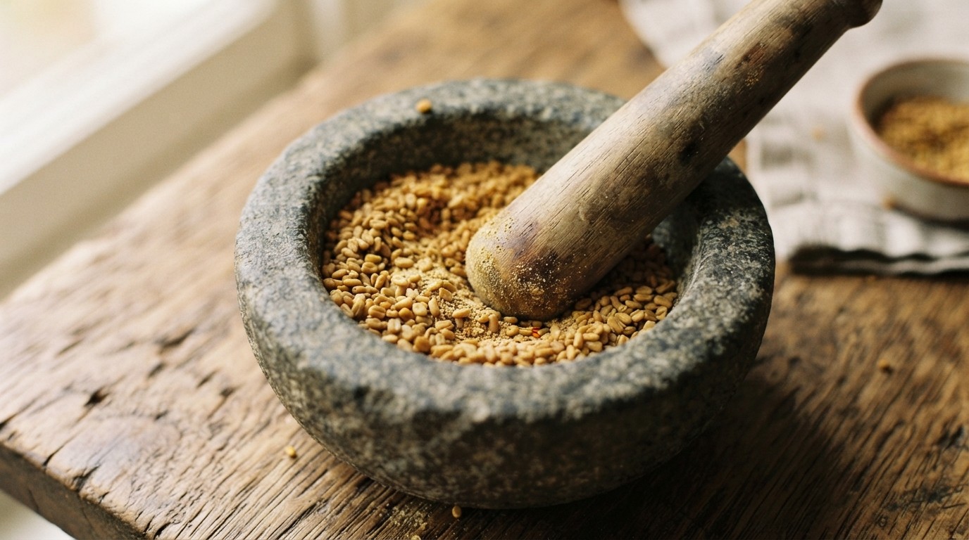 Golden fenugreek seeds in a stone mortar with a wooden pestle