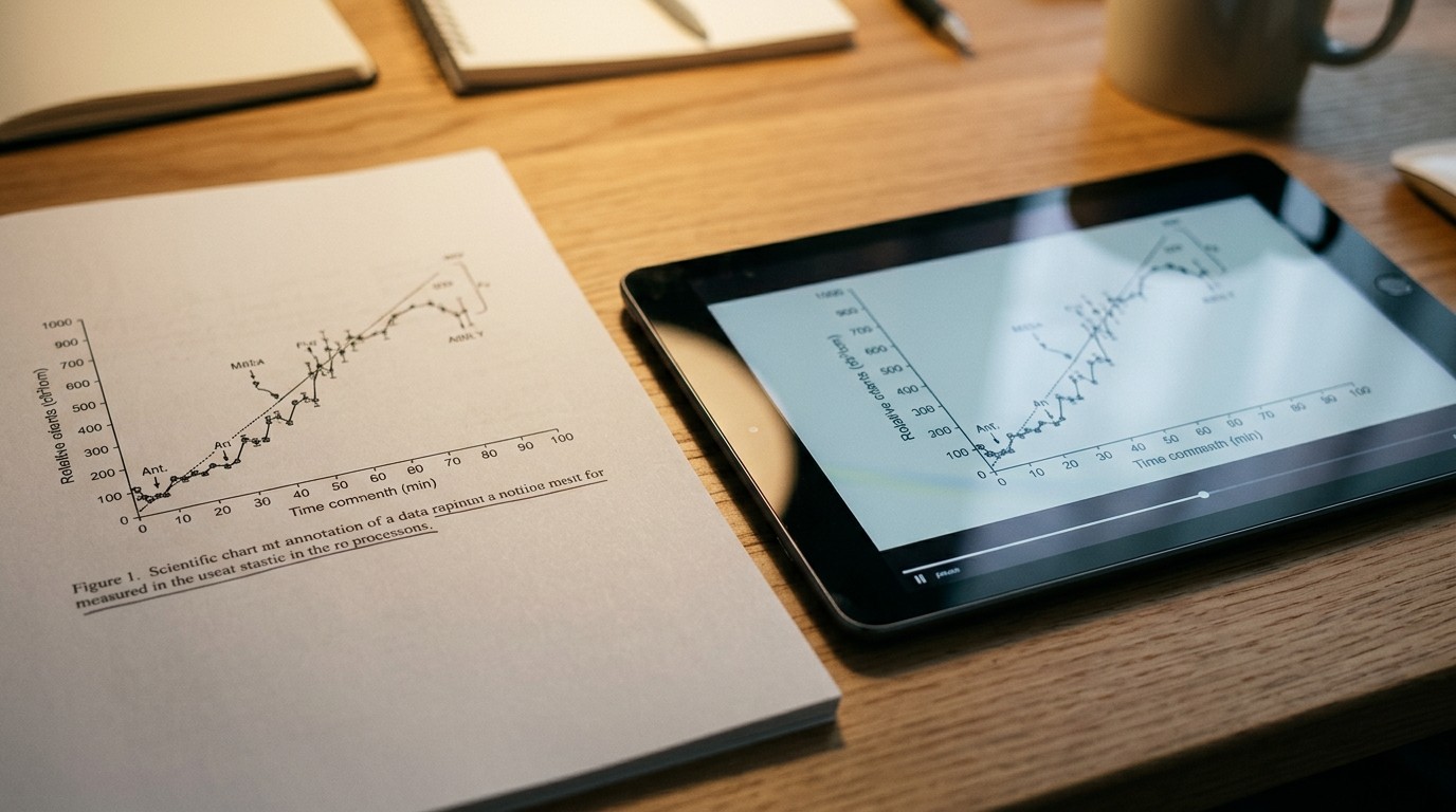 A printed scientific chart page with its caption beside a tablet playing the same chart as a short video clip.