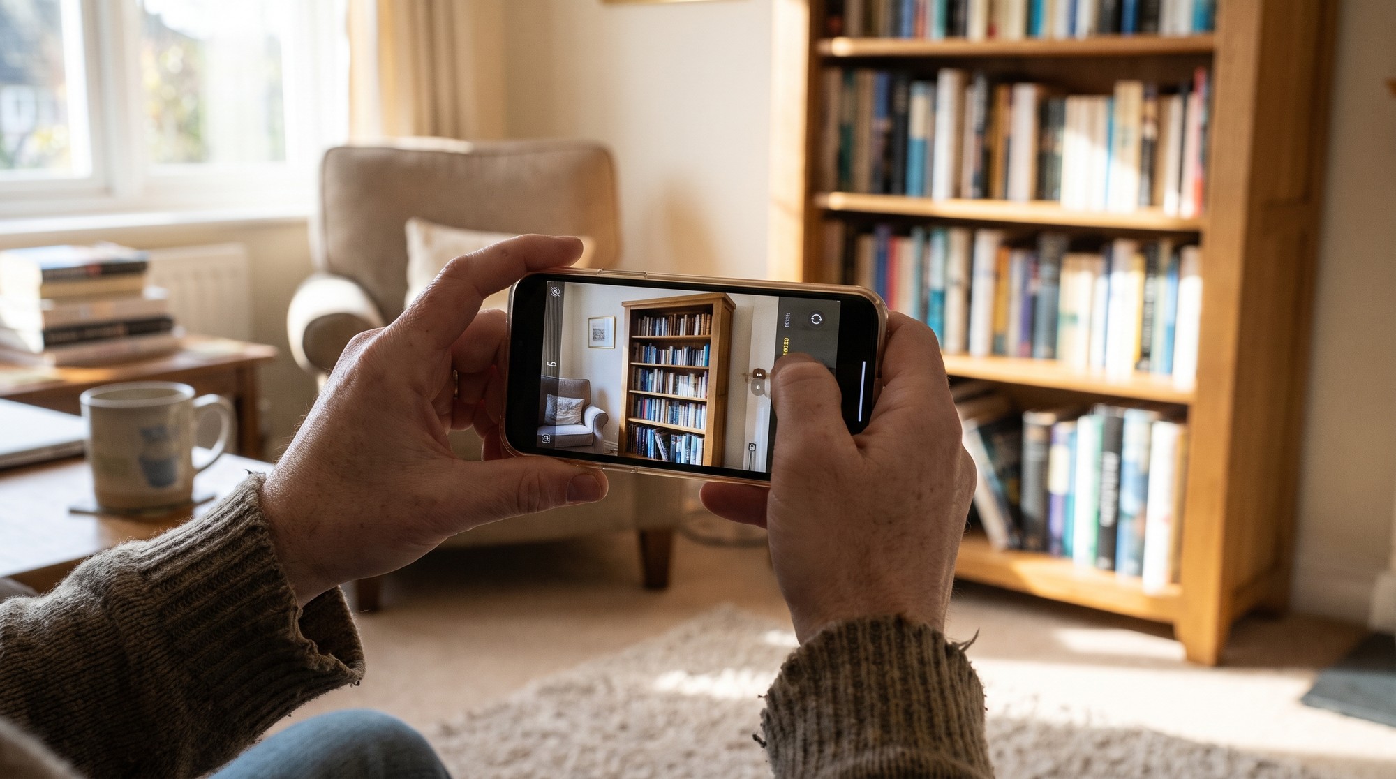 Hands holding a smartphone to film a wooden bookcase level and straight in a bright living room.