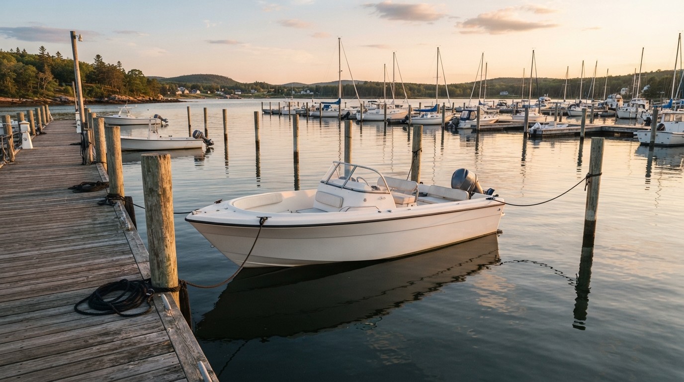 What to Expect Your First Year as a Boat Owner A plain white day cruiser moored at a quiet marina dock at golden hour