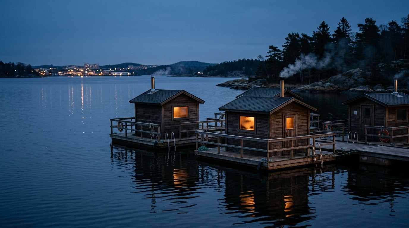 Wooden floating sauna huts on calm harbour water at dusk with steam rising