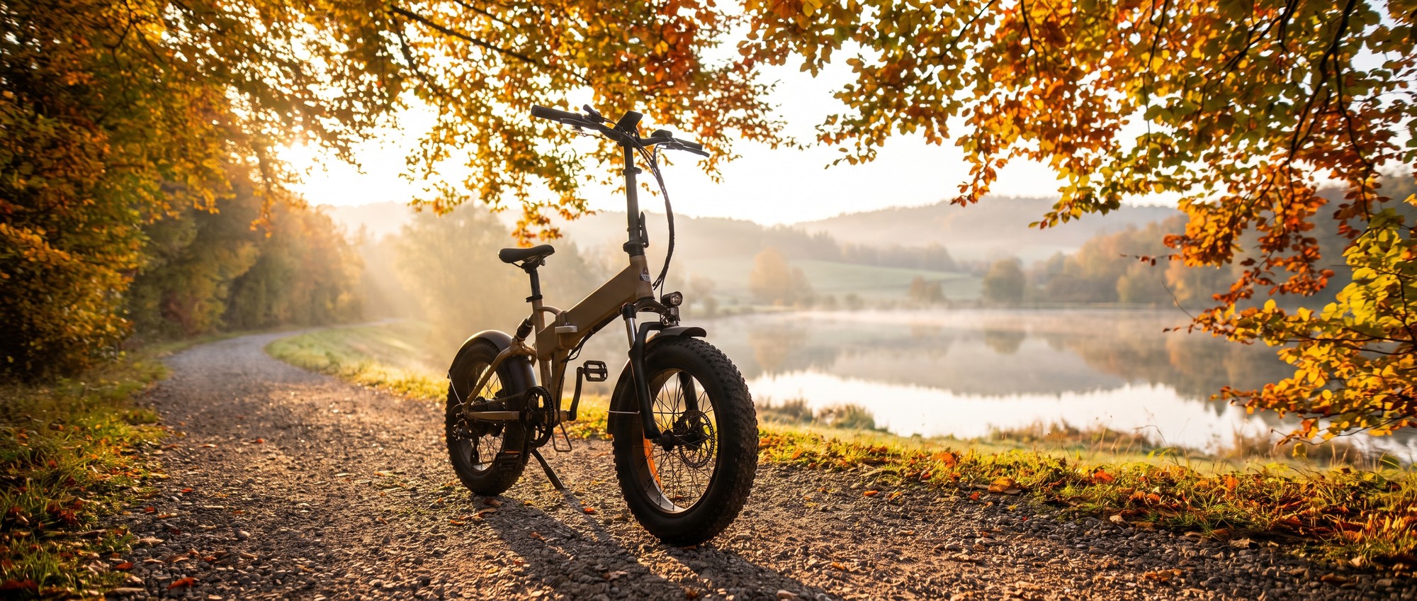 A folding fat tire electric bike on a scenic autumn gravel trail