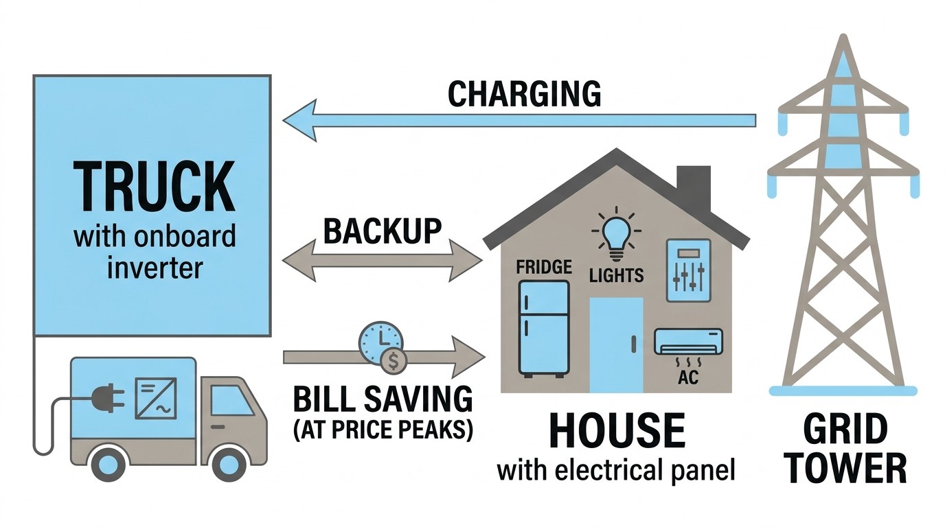 Conceptual diagram showing bidirectional power flow between an electric pickup truck, home electrical panel, and grid with outage and bill-saving modes