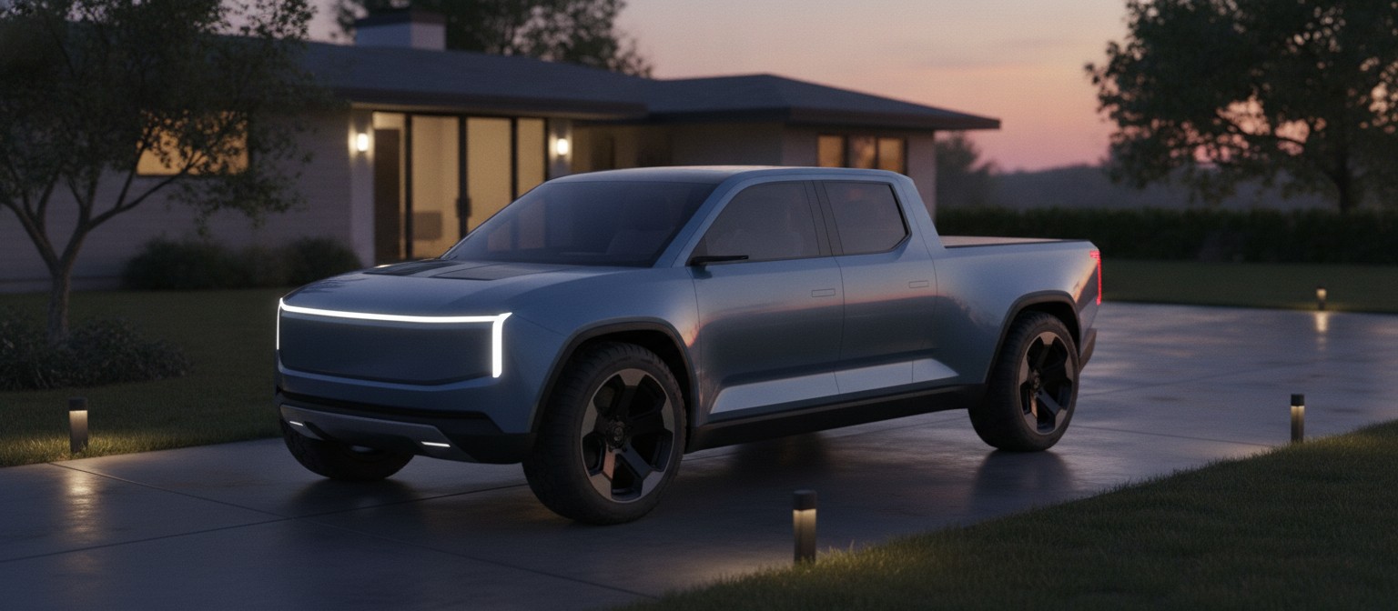 Speculative concept illustration of a futuristic midsize electric pickup truck in a driveway at dusk