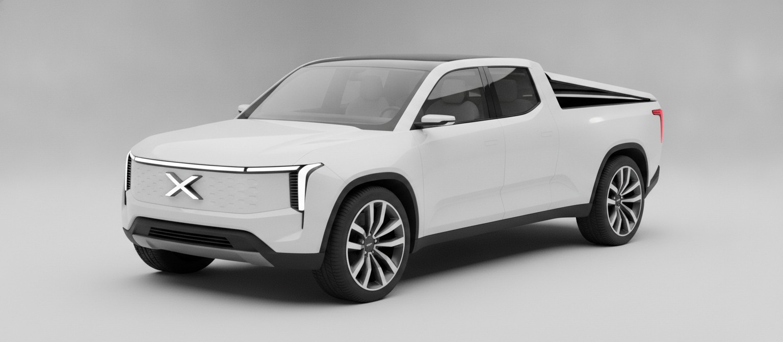 Speculative concept illustration of a futuristic electric pickup truck front three-quarter studio view