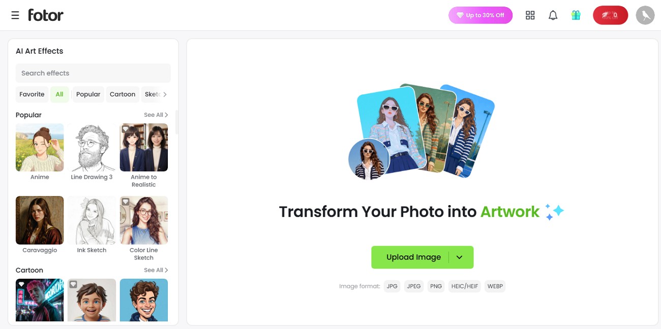 Screenshot of the Fotor AI Art Effects interface showcasing various style options and an upload image button.