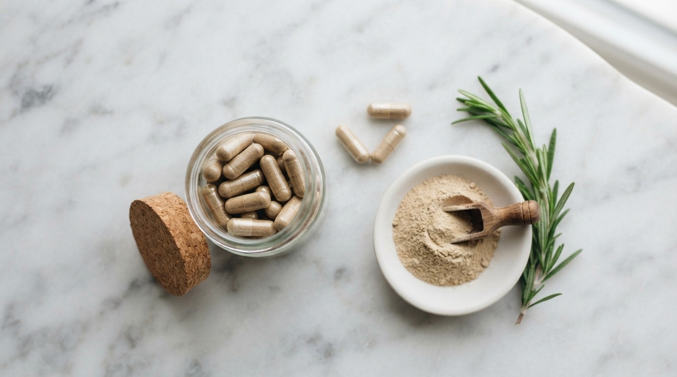 An open jar of freeze-dried beef organ supplement capsules with a few spilled on a marble surface next to a dish of desiccated liver powder.