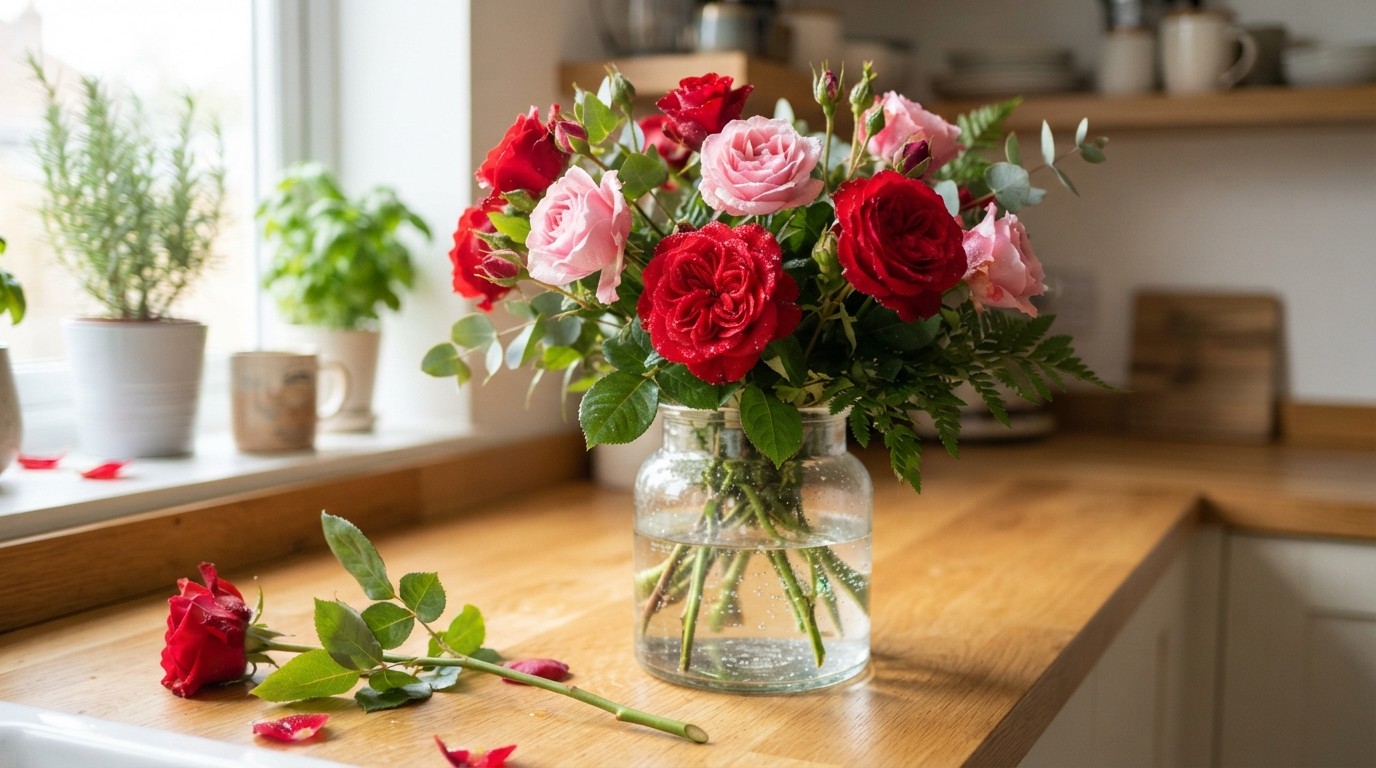Fresh red and pink roses in a clear glass vase beside a trimmed stem on a bright wooden counter.