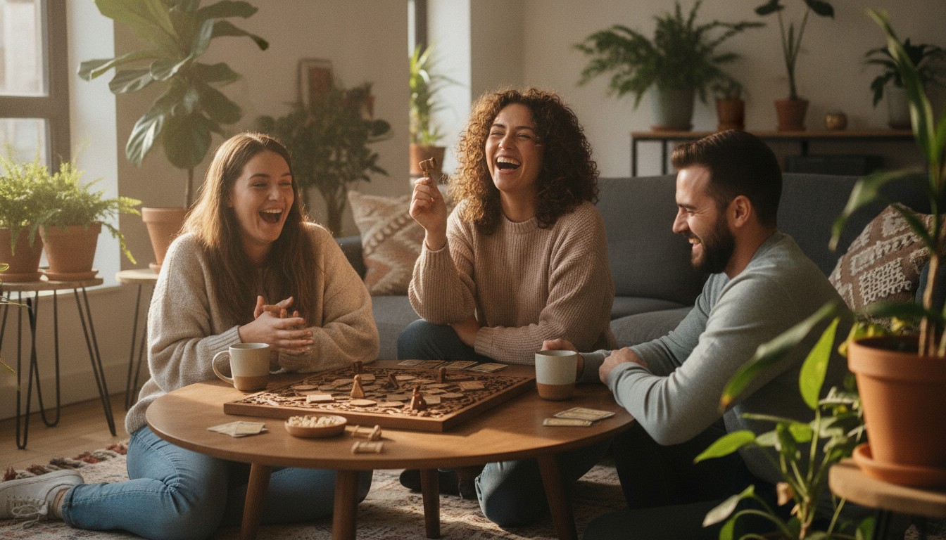 Friends laughing together while playing a board game at home