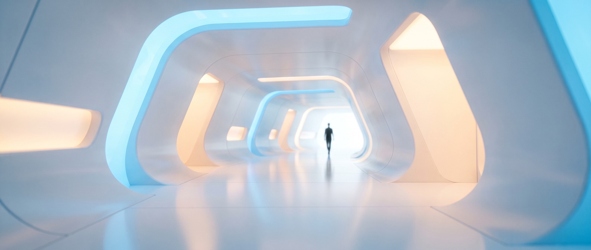 A softly blurred figure walking down a bright futuristic medical corridor