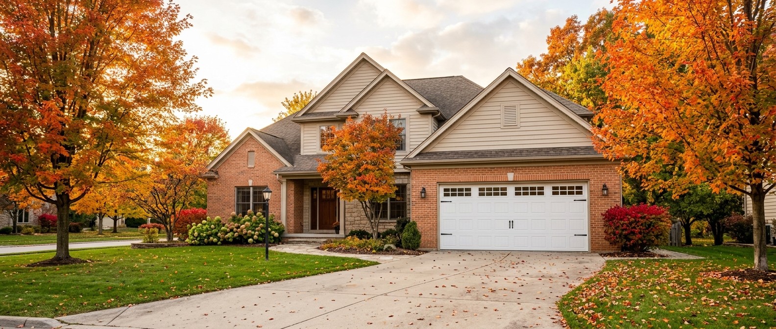 Common Garage Door Problems Every 7 Rivers Region Homeowner Should Know White sectional garage door on a Midwestern home in autumn