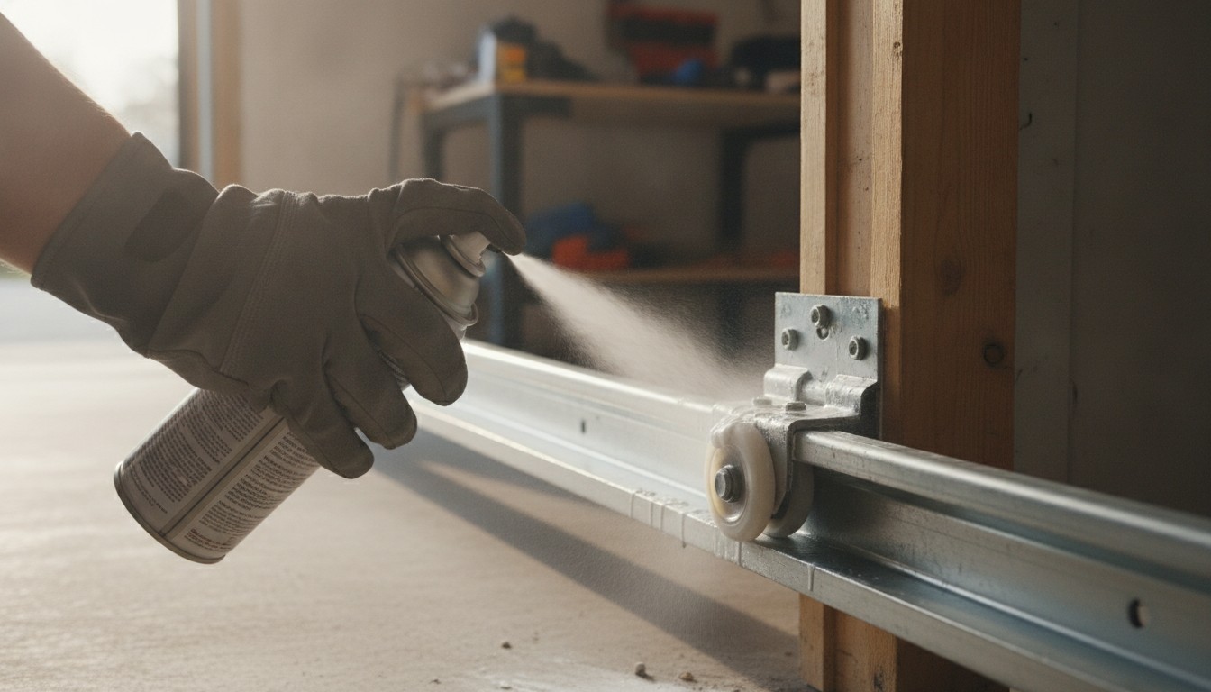 Homeowner lubricating garage door rollers and hinges