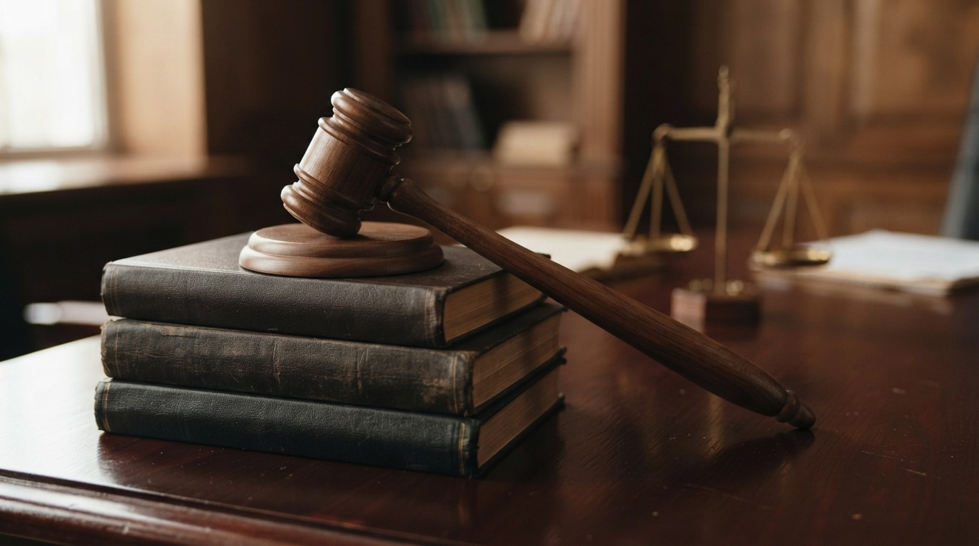 A wooden judge's gavel resting on a stack of law books with scales of justice in the background