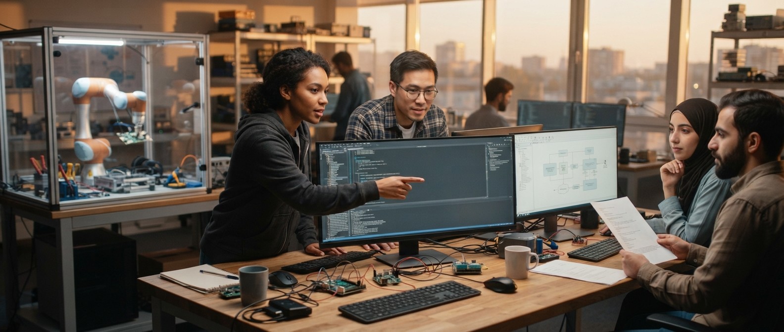 Software engineering workspace with large code on screens and a humanoid robot arm in soft focus, representing long horizon agentic coding