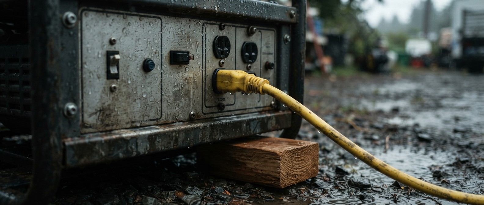 Close-up of a generator control panel and an outdoor-rated extension cord connection kept dry and off wet ground