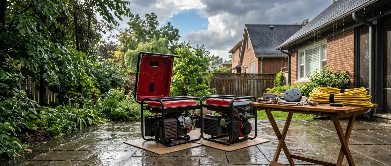 Portable generator being inspected and dried after a storm, with cords coiled off the ground and a carbon monoxide alarm nearby