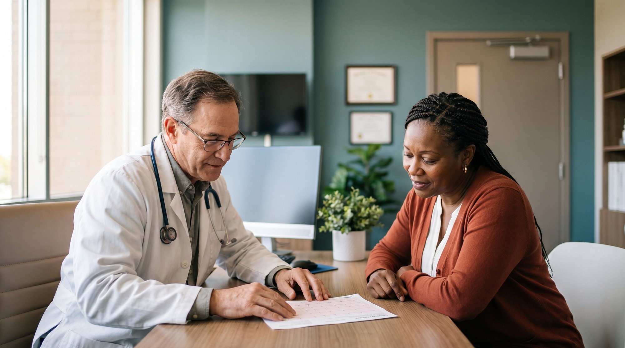 A cardiologist and a patient reviewing a genetic test report together in a clinic consultation room