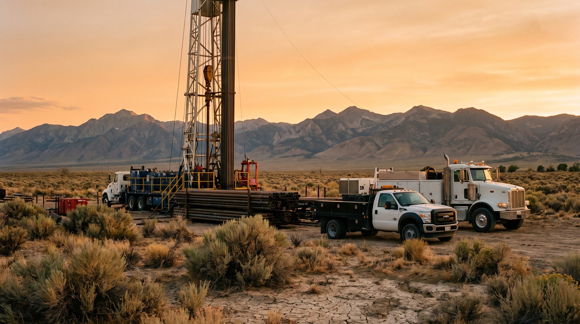 A geothermal drilling rig in a remote high desert landscape at golden hour