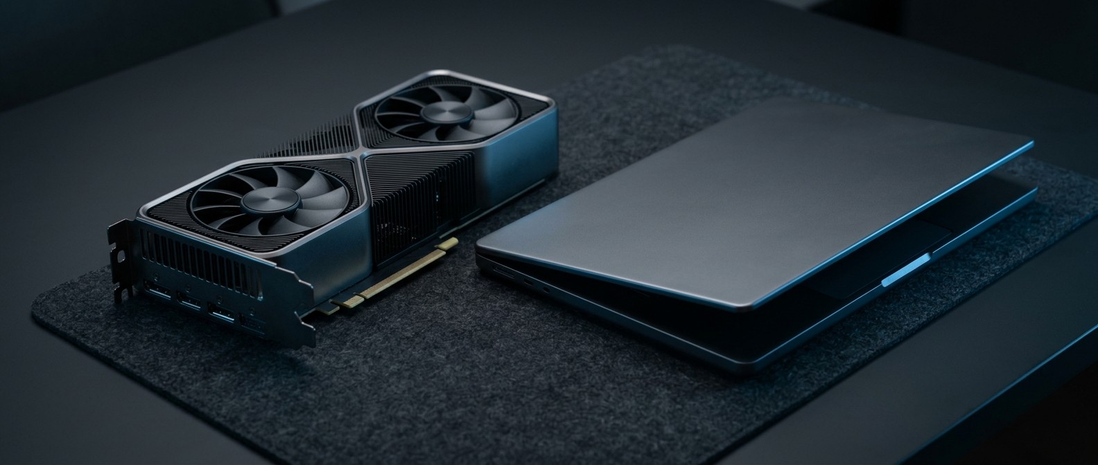 A generic desktop graphics card next to a laptop, illustrating that memory capacity decides which local AI model can run at full speed