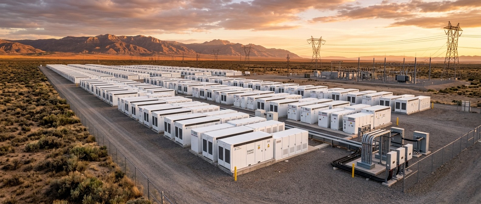 Grid-scale battery energy storage facility in a sunlit landscape at golden hour