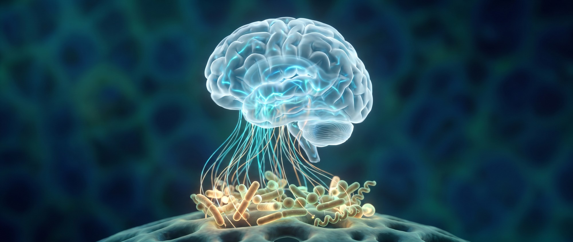 Gut Bacteria May Be an Early Warning Sign of Faster Brain Aging Conceptual illustration of a human brain connected by glowing filaments to gut bacteria below, representing the gut-brain connection.