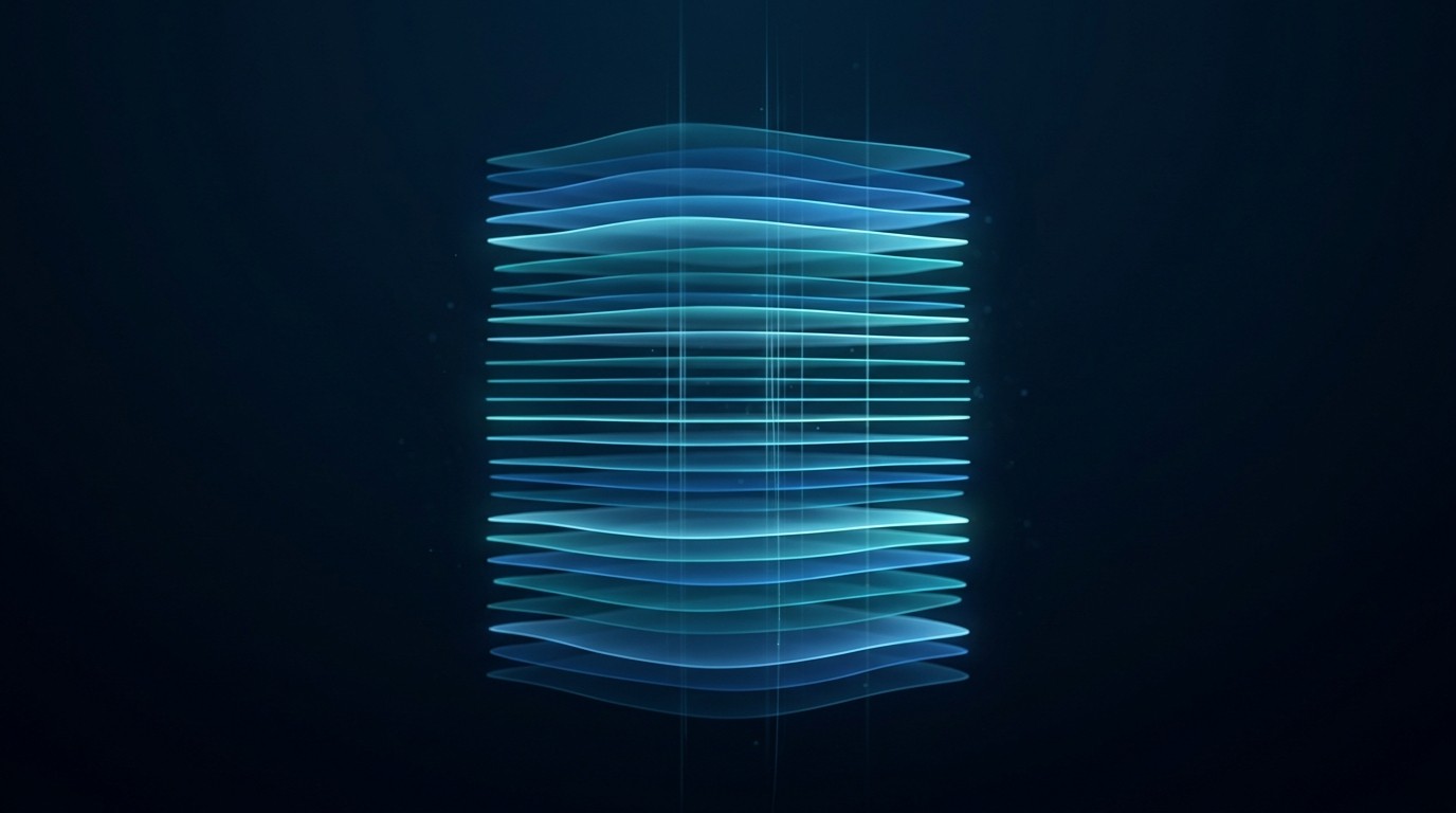 Abstract illustration of stacked translucent layers connected by fine vertical light beams