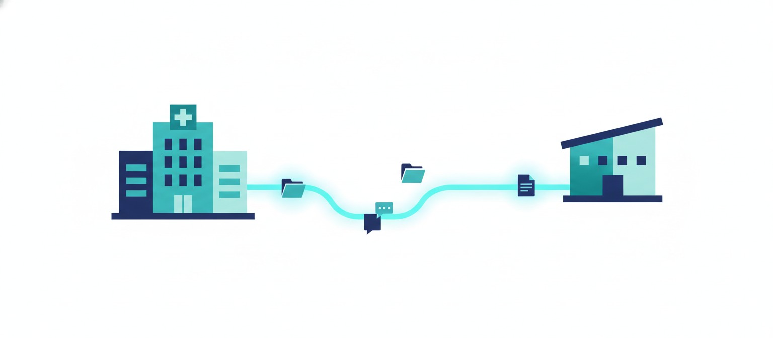 Illustration of a hospital team and a remote billing team sharing structured information through an AI workflow