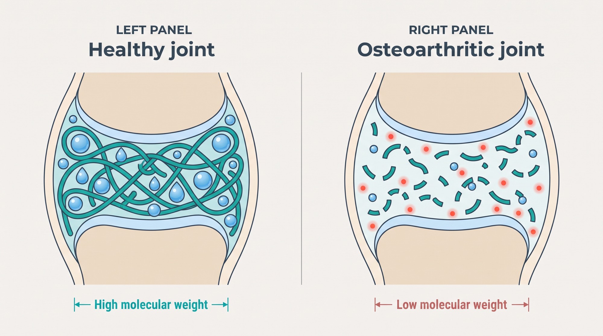 Diagram comparing healthy and osteoarthritic synovial fluid, showing long hyaluronan chains in a healthy joint and short fragmented chains in osteoarthritis
