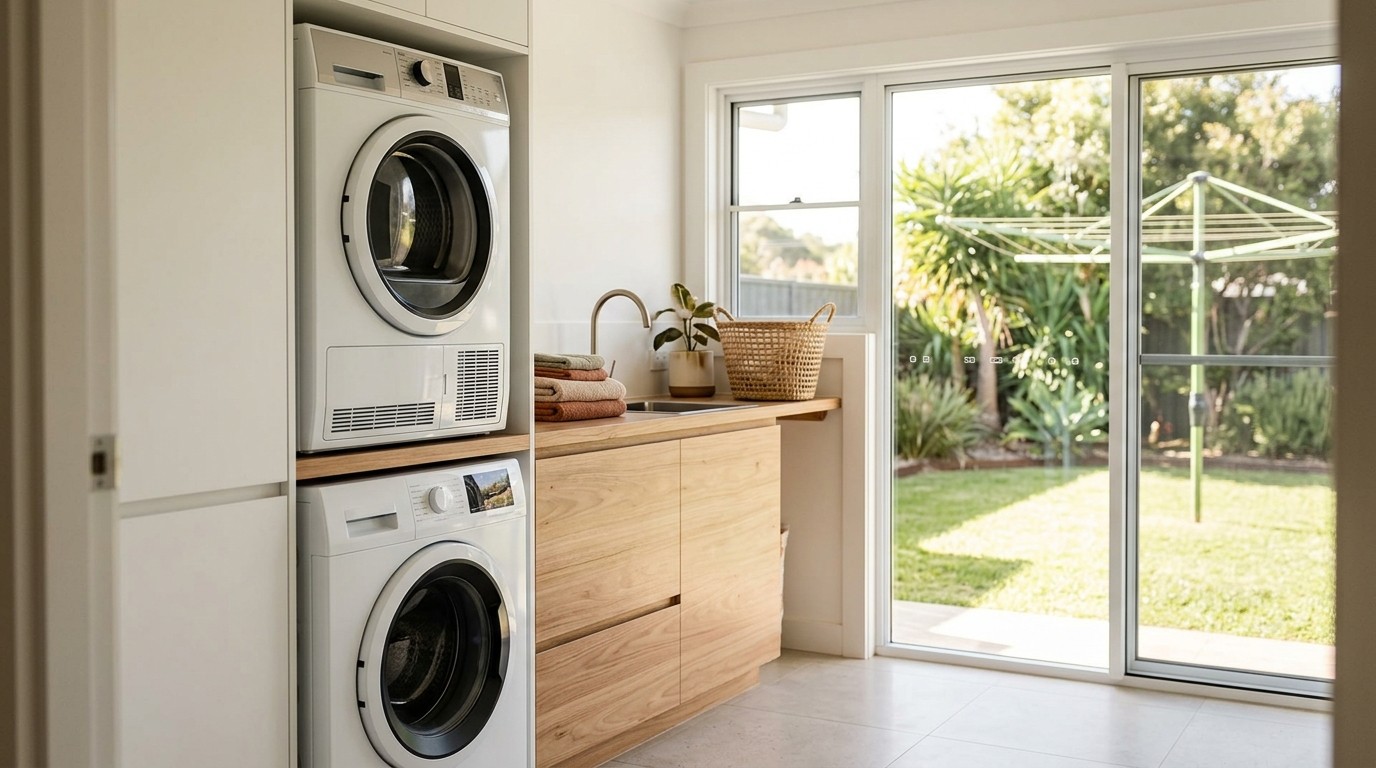 A heat pump dryer stacked above a washing machine in a bright laundry with a clothesline visible through the window