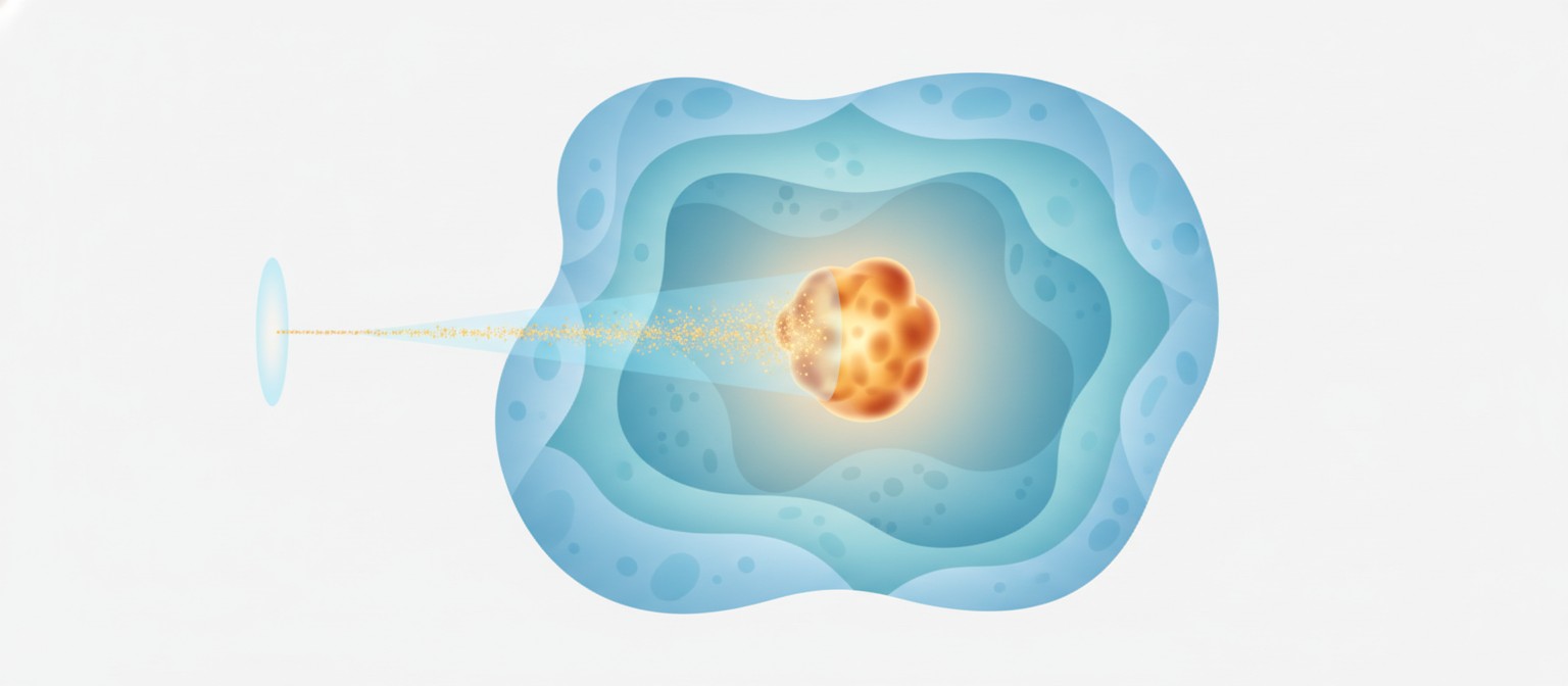 Conceptual illustration showing a focused particle beam aiming precisely at a tumor while sparing surrounding healthy tissue