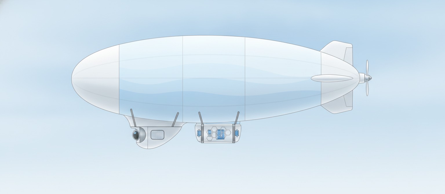 Conceptual cutaway diagram showing helium lift and hydrogen fuel cell propulsion in a small inspection airship