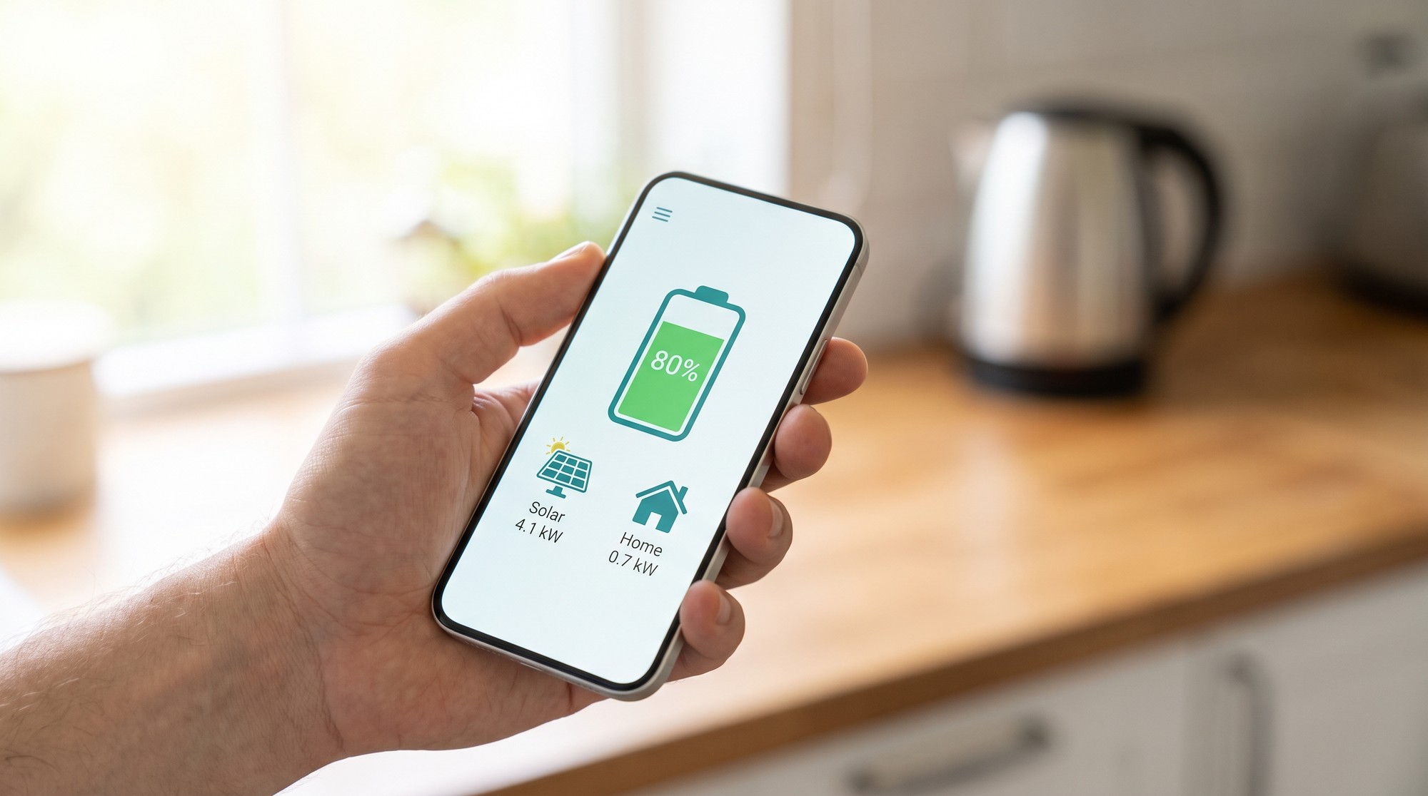 Close-up of a smartphone in a kitchen showing a home energy app with the battery at 80 percent