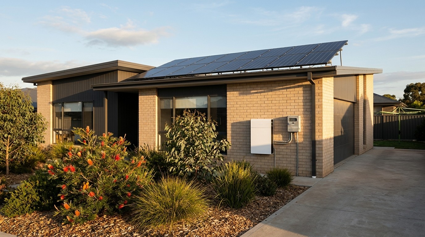 A Home Battery Made Power Feel Free. The Emissions Math Is Subtler Rooftop solar panels and a wall-mounted home battery on the side of an Australian suburban house in late afternoon light