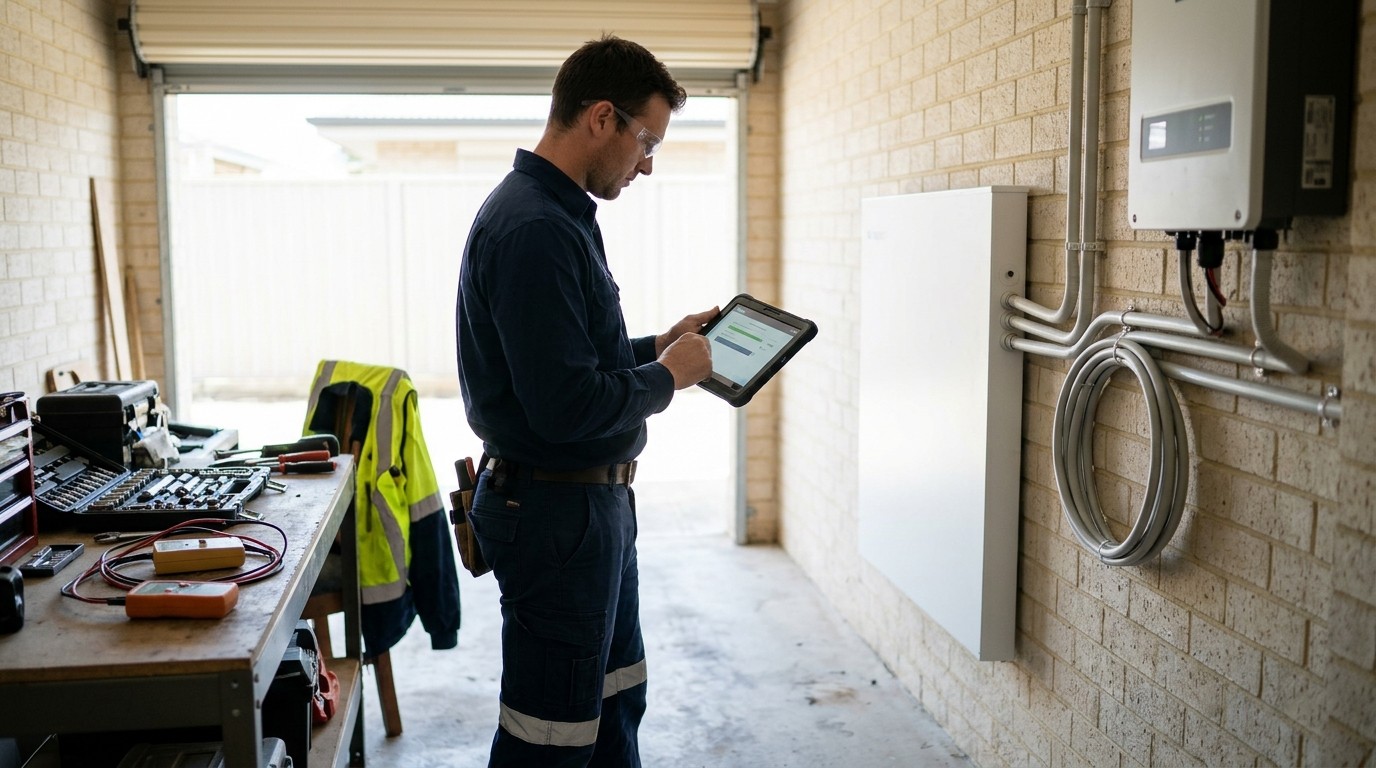 An installer commissioning a wall-mounted home battery in an Australian garage, holding a tablet