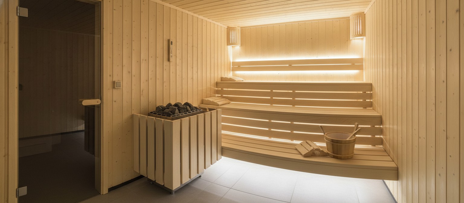 Interior of wooden home sauna cabin with benches and electric heater with stones